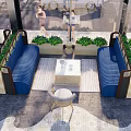 Modern Outdoor Public Chair With Blue Seats Green Plants And Square Tables On Paved Floor