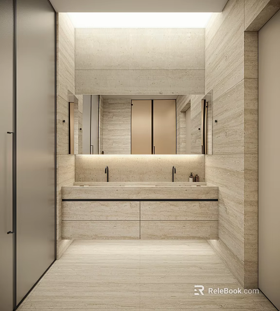 Modern Bathroom Interior With Large Mirror Double Sink Stone Walls And Cabinets 3d model 