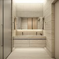 Modern Bathroom Interior With Large Mirror Double Sink Stone Walls And Cabinets