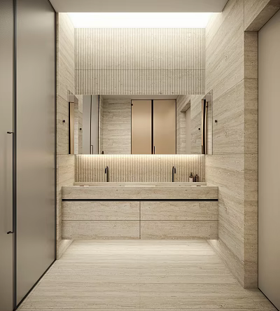 Modern Bathroom Interior With Large Mirror Double Sink Stone Walls And Cabinets 3d model