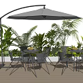 Modern Outdoor Table Setup With Curved Umbrella Chairs And Green Plants On Wooden Deck