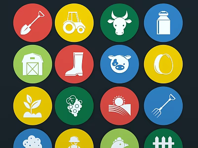 Colorful Circular Agricultural Icons Wall Decor with Shovel Tractor Cow Milk Barn Farm Elements 3d model