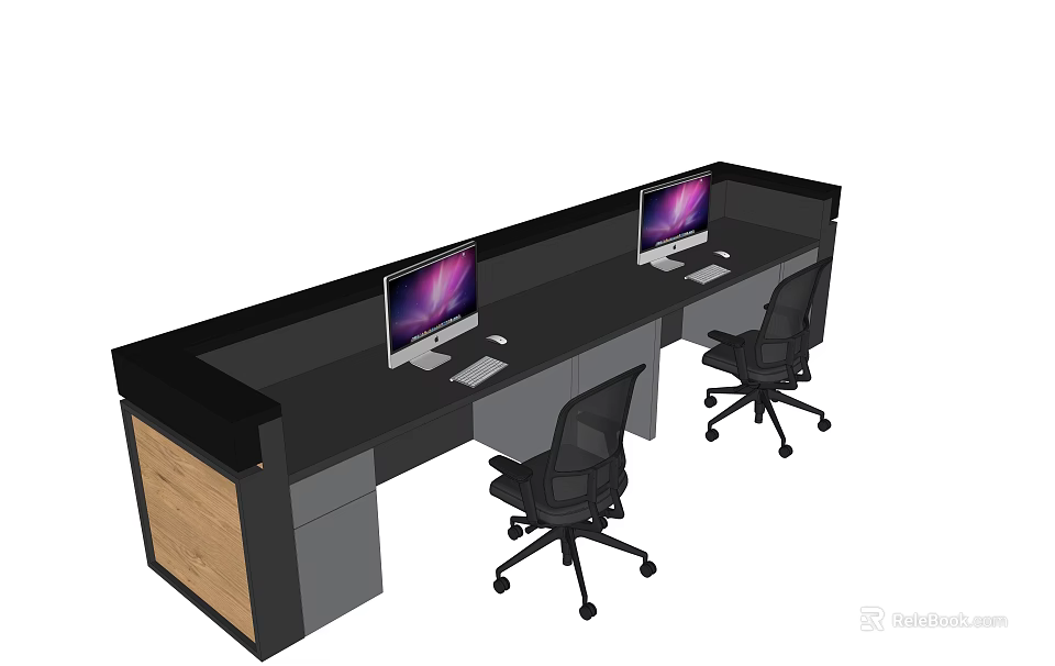 Modern Office Desk With Two Computer Monitors Black Office Chairs And Wooden Drawers 3d model 