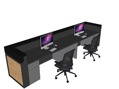 Modern Office Desk With Two Computer Monitors Black Office Chairs And Wooden Drawers 3d model