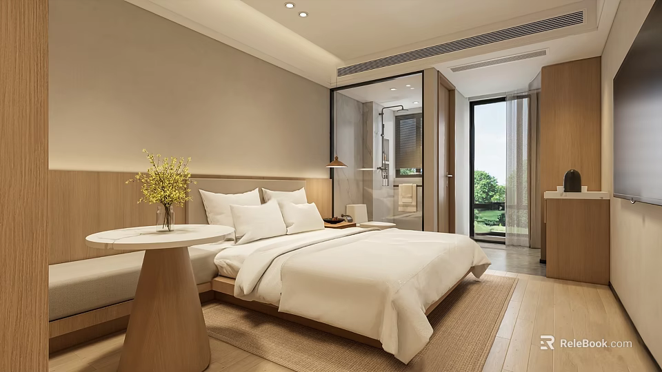 Modern Minimalist Hotel Room Interior With White Bed Floor to Ceiling Window And Green View 3d model 