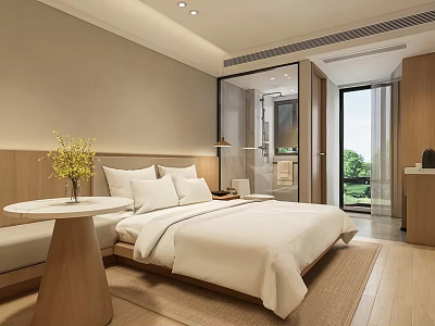 Modern Minimalist Hotel Room Interior With White Bed Floor to Ceiling Window And Green View 3d model