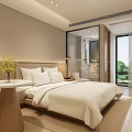 Modern Minimalist Hotel Room Interior With White Bed Floor to Ceiling Window And Green View