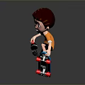 Boy Riding Skateboard Holding Red Iron With Cord On Gray Background