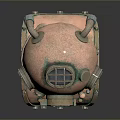 Vintage Copper Diving Helmet Featuring Circular Viewing Windows And Metal Pipes