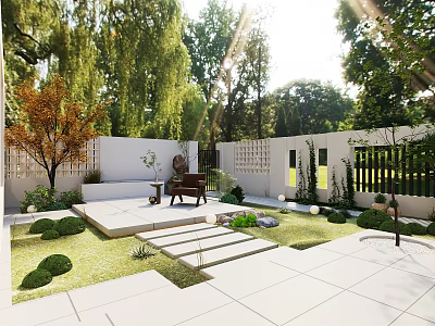 Lush Serene Roof Garden Landscape With Green Lawn Stone Pathway Outdoor Seating And Wooden Fence 3d model