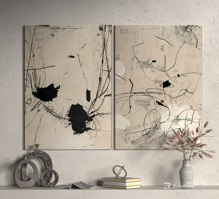 Contemporary Abstract Diptych Paintings With Black Lines And Ink Blots On Beige Background 3d model 