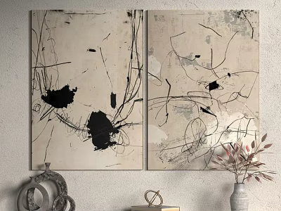 Contemporary Abstract Diptych Paintings With Black Lines And Ink Blots On Beige Background 3d model