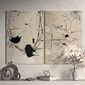 Contemporary Abstract Diptych Paintings With Black Lines And Ink Blots On Beige Background