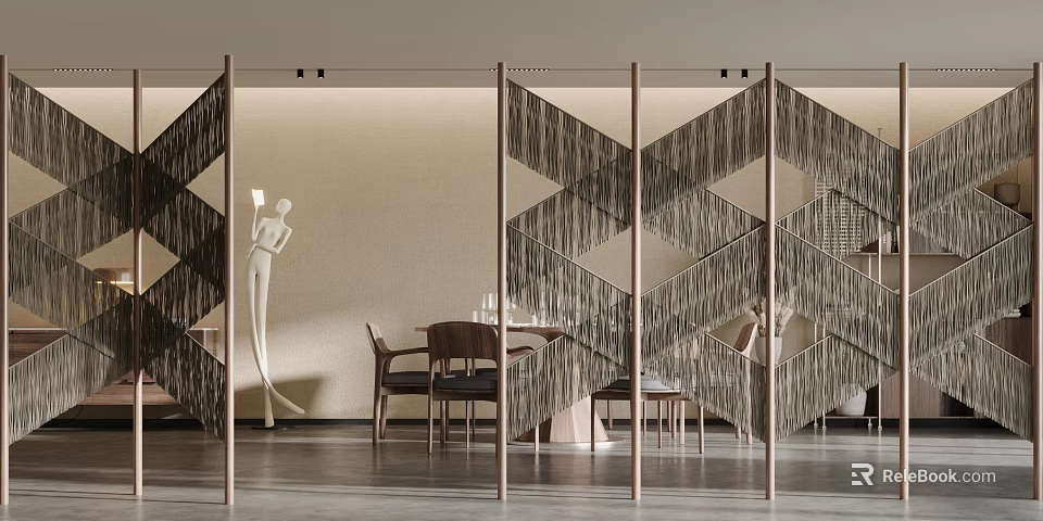 Elegant Geometric Pattern Screen As Room Divider In Modern Dining Interior With Table And Chairs 3d model 