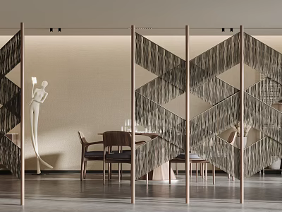 Elegant Geometric Pattern Screen As Room Divider In Modern Dining Interior With Table And Chairs 3d model