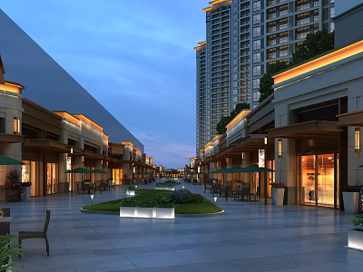 Evening Modern Commercial Street With High Rise Buildings Shops Greenery Plaza and Lighting 3d model