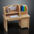 Wooden Home Office Desk With Bookshelf Calendar Open Notebook Pens And Drawer