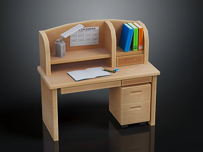 Wooden Home Office Desk With Bookshelf Calendar Open Notebook Pens And Drawer 3d model