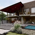 Modern Detached Villa With Large Windows Balcony Swimming Pool And Lush Greenery