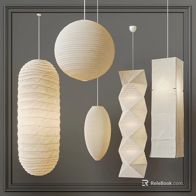 Stylish Paper Pendant Lights With Round Oval And Geometric Designs In Neutral Tones 3d model 