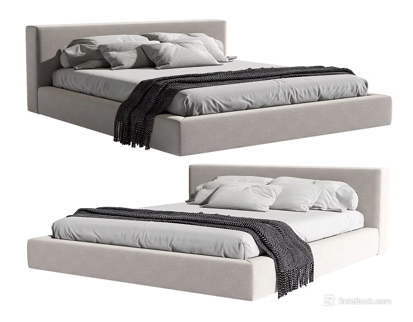 Modern Double Bed With Light Gray Mattress Minimalist Headboard And Throw Blanket 3d model 