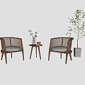 Rattan Leisure Chairs With Wooden Frame Light Cushion Small Side Table And Green Plant