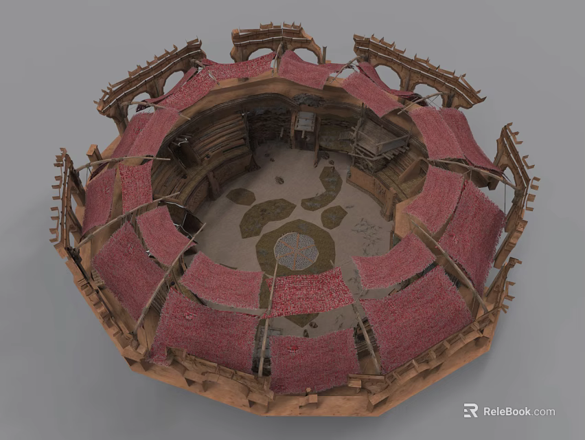 Ancient Circular Building Interior With Red Roof And Wooden Framework 3d model