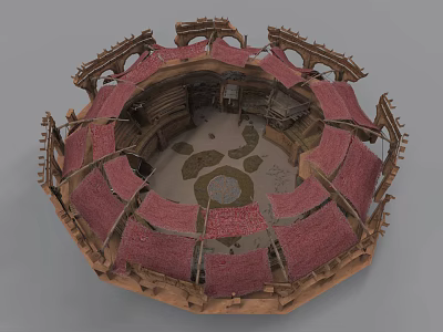 Ancient Circular Building Interior With Red Roof And Wooden Framework 3d model
