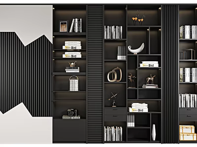 Modern Black Bookcase With Multiple Shelves Books And Decorative Items 3d model