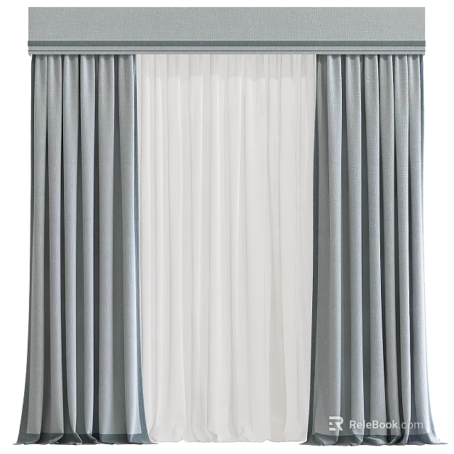 Gray And White Layered Curtains With Sheer Inner Panel For Modern Home Decor 3d model