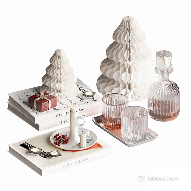 Minimalist Decorative Ornament Set With White Tree Shaped Ornaments Clear Glassware Books Tray And Candles 3d model 