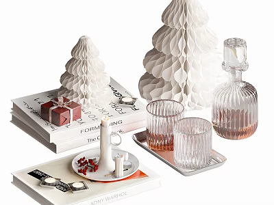 Minimalist Decorative Ornament Set With White Tree Shaped Ornaments Clear Glassware Books Tray And Candles 3d model