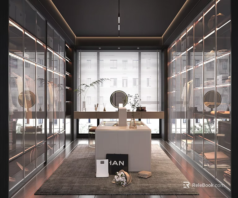 Modern Luxury Walk-in Closet Interior With Glass Doors Dressing Table And Mirror 3d model 