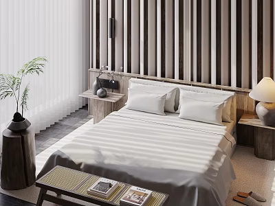 Modern Double Bed Interior with Striped Headboard Striped Sheet White Pillows Nightstands and Lamps 3d model