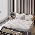 Modern Double Bed Interior with Striped Headboard Striped Sheet White Pillows Nightstands and Lamps