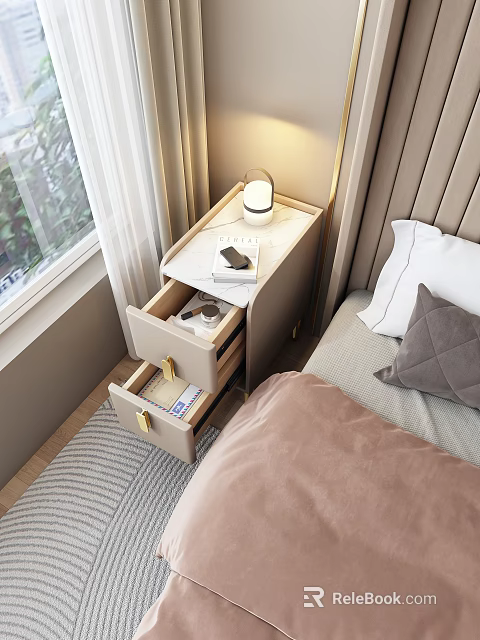 Modern Bedside Table With Open Drawer Lamp And Phone In Cozy Bedroom 3d model 