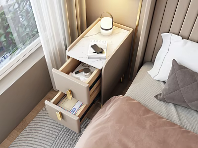 Modern Bedside Table With Open Drawer Lamp And Phone In Cozy Bedroom 3d model