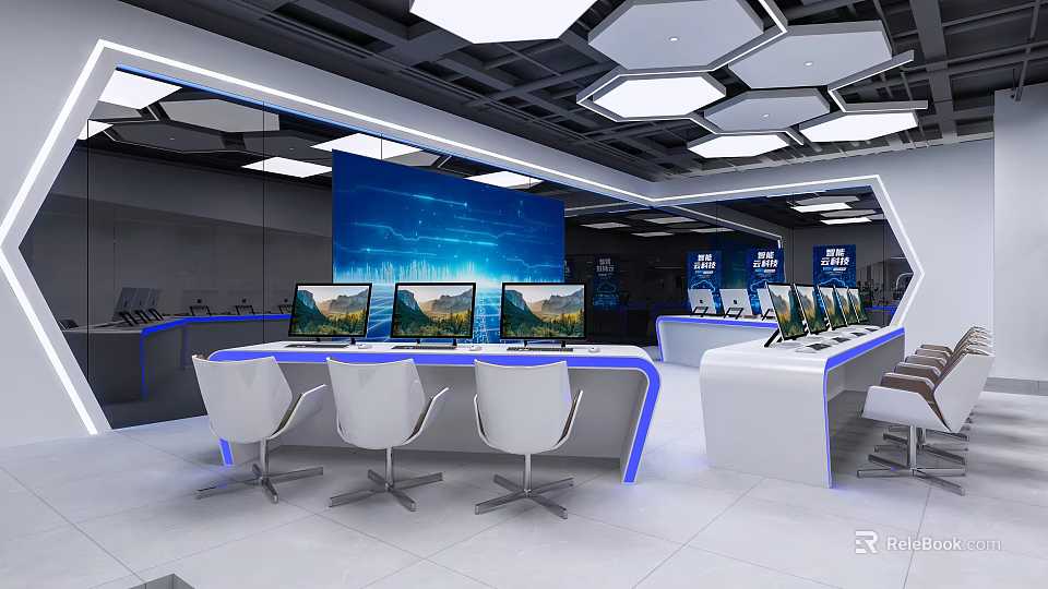 Modern High Tech Monitoring Control Room With Multiple Computers And Large Background Display Screens 3d model 