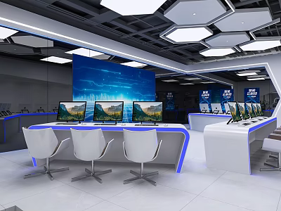 Modern High Tech Monitoring Control Room With Multiple Computers And Large Background Display Screens 3d model