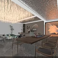 Modern Reception Area With Crystal Chandelier Decorative Ceiling Wooden Desk Round Mirror Sofa And Plants