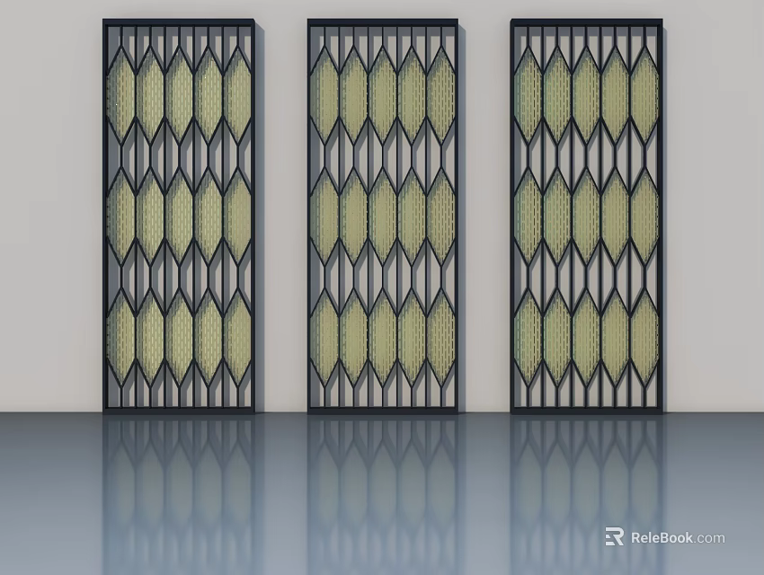 Three Swing Doors With Geometric Grid And Diamond Patterns Black Frames And Yellow Beige Panels 3d model