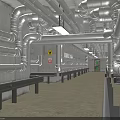 Industrial Facility With Silver Metal Pipes Concrete Walls Walkway Guardrails Green Indicator And Warning Signs