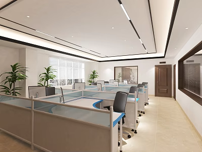 Modern Public Office Space With Cubicle Workstations Office Chairs Green Plants And Bright Lighting 3d model
