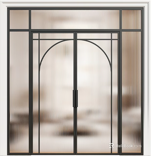 Modern Double Doors With Black Metal Frame Arched Top And Ribbed Glass Design 3d model 