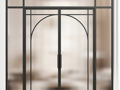 Modern Double Doors With Black Metal Frame Arched Top And Ribbed Glass Design 3d model