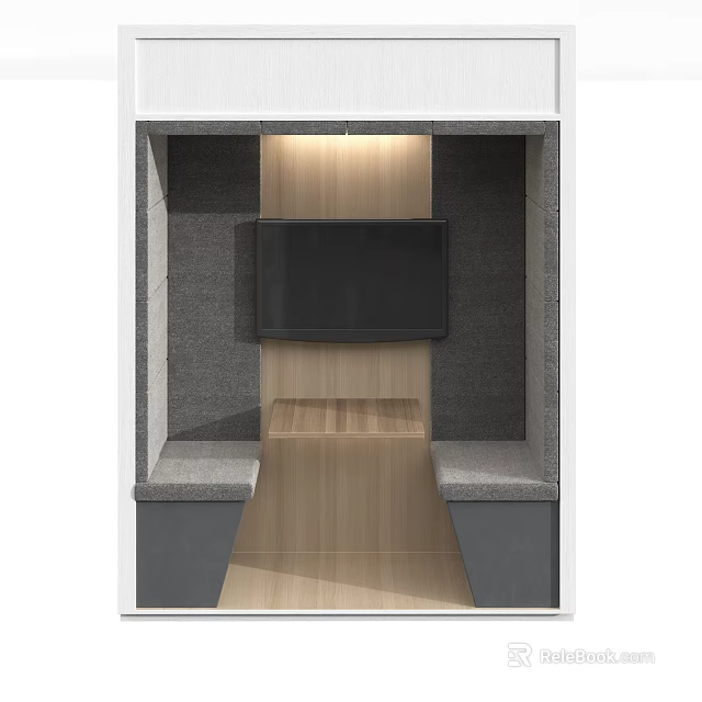 Modern Booth Seats Interior Design With Wall TV Wooden Panels And Gray Upholstery 3d model 
