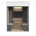 Modern Booth Seats Interior Design With Wall TV Wooden Panels And Gray Upholstery
