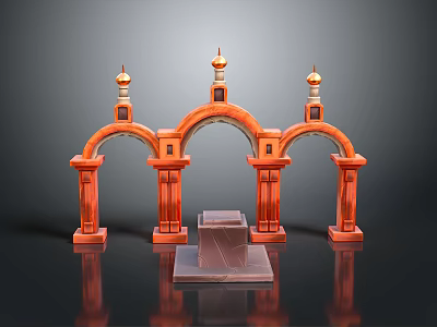 Scenic Red Arched Architecture With Golden Spires Stone Steps And Reflective Surface 3d model