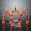 Scenic Red Arched Architecture With Golden Spires Stone Steps And Reflective Surface