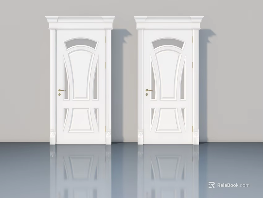 Two White Swing Doors With Decorative Panel Design And Golden Handles 3d model 